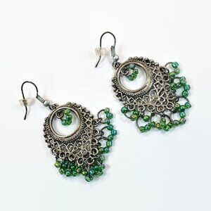Boho Dangle Earrings: Iridescent Green Glass Beads, Silver Tone